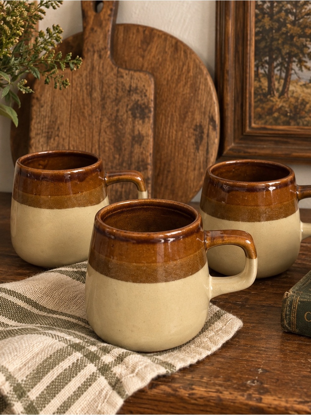 Vintage Two-Tone Brown and Cream Stoneware Mugs - Set of 3